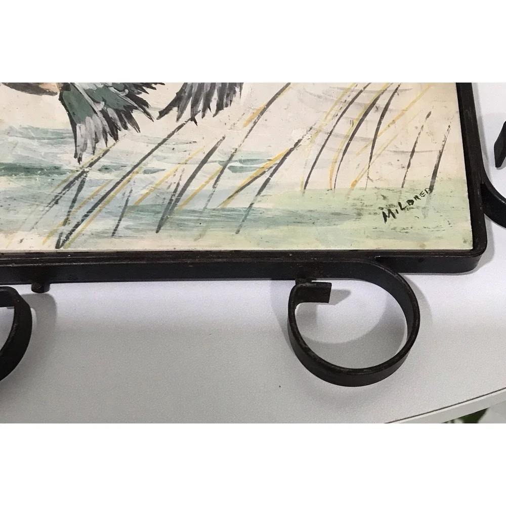 Vintage Geese Birds Tile Trivet Plaque Hand Paint Metal Scroll Frame Cabin Core